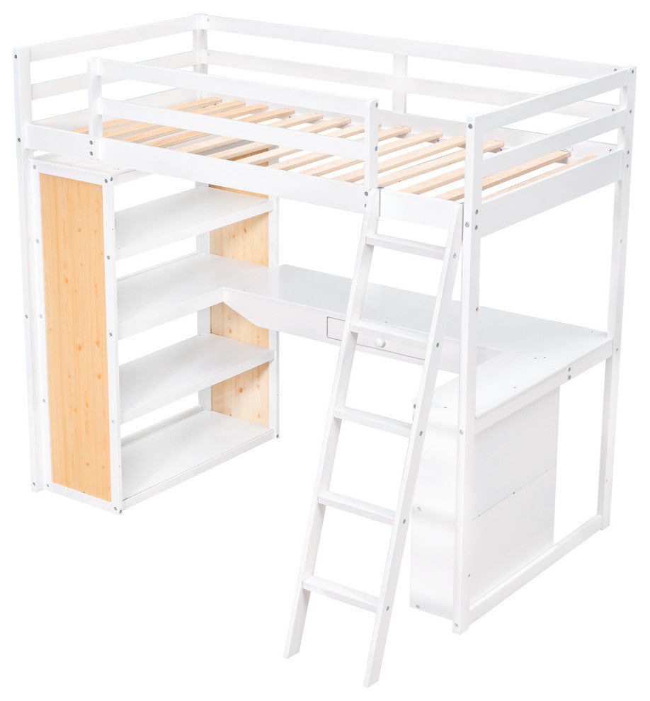 Gewnee Wood Twin Size Loft Bed with Ladder and Desk in White