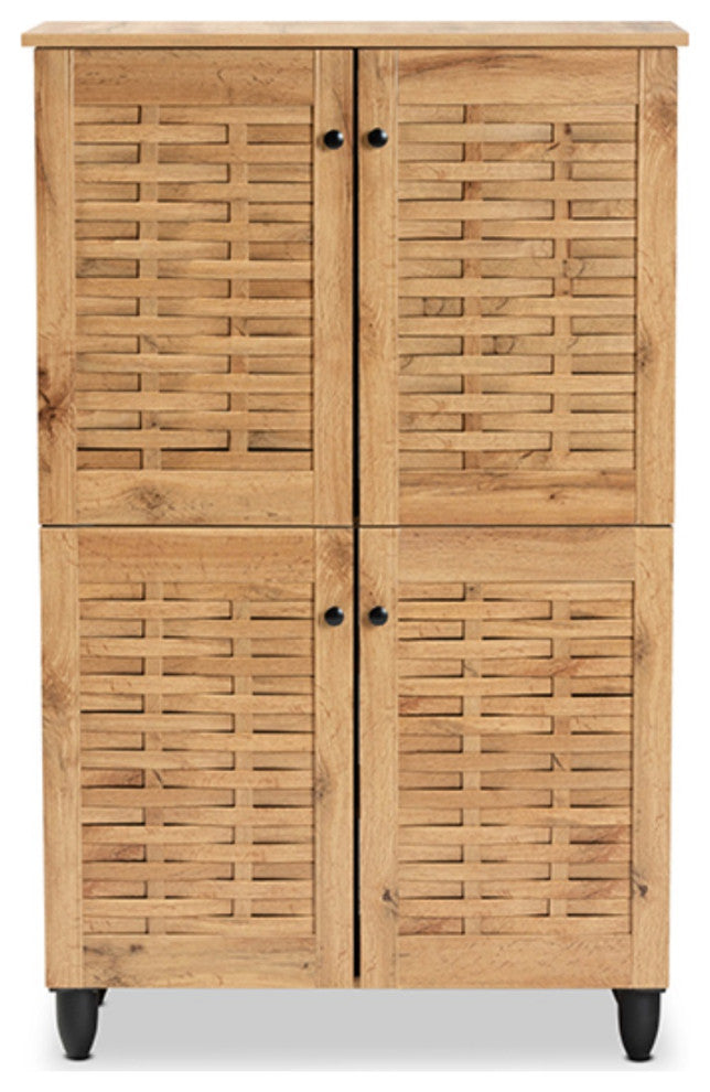 Winda and Contemporary Oak Brown Finished Wood 4-Door Shoe Storage Cabinet