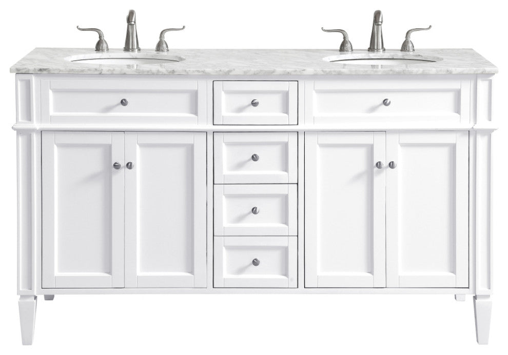 Home Living Vanity with Carrara White Marble Countertop, White, 60", Double Sink