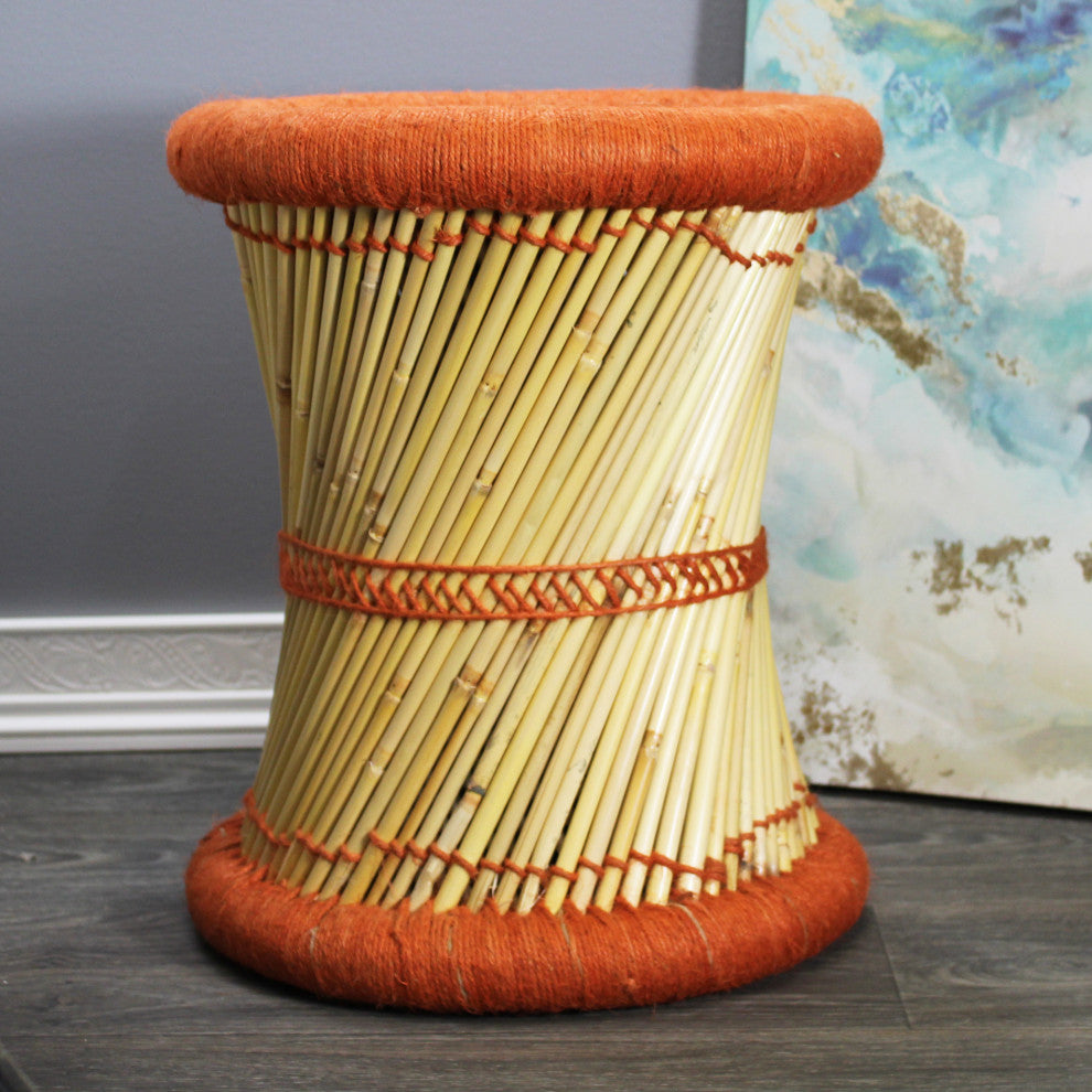 Natural Geo Moray Decorative Handwoven Jute Accent Stool, Orange