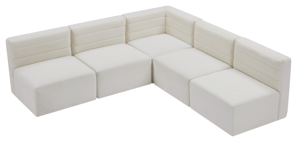 Quincy Velvet Upholstered 5-Piece L-Shaped Modular Sectional, Cream
