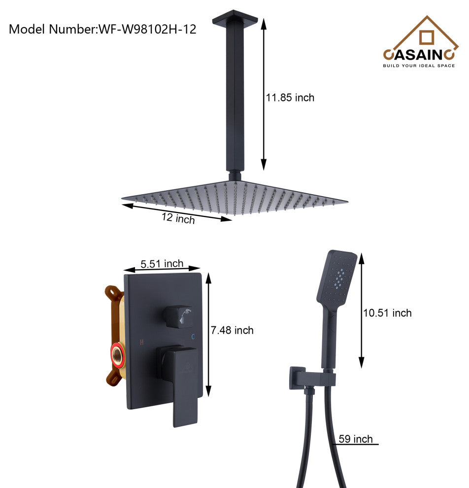 CASAINC 12" Ceiling Mounted Modern Waterfall Shower System Set, Matte Black