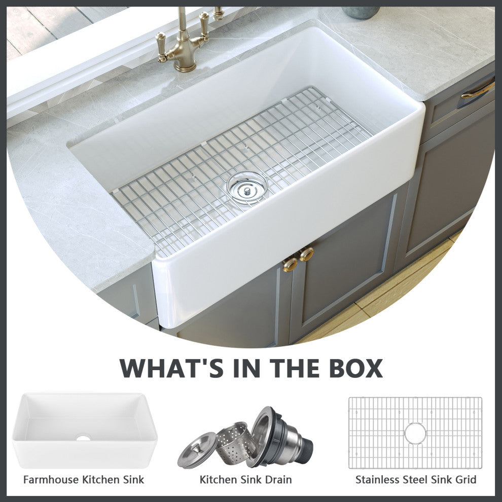 Grove 33"L x 18"W Farmhouse Sink Fireclay White Kitchen Sink