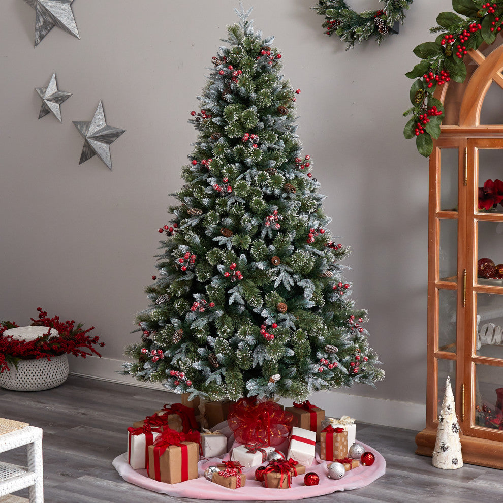 7.5' Snow Tipped Aspen Spruce PreLit Faux Xmas Tree W/Lights, Berries, Pinecones