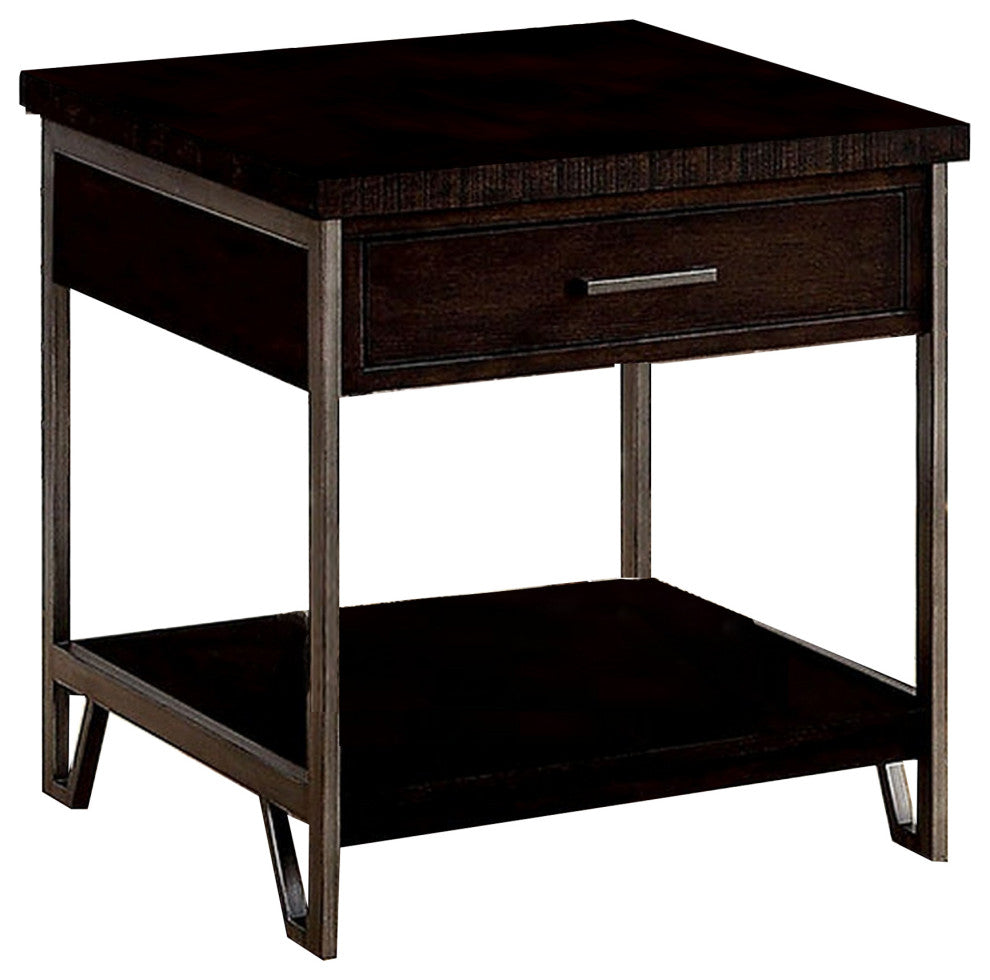 Benzara BM233838 1 Drawer Wooden End Table With Metal Frame, Brown