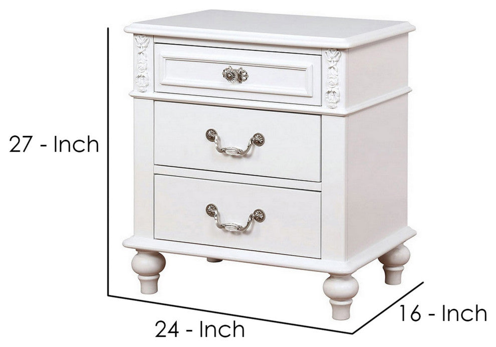 Benzara BM241909 Nightstand With 3 Drawers and Built In USB Port, White