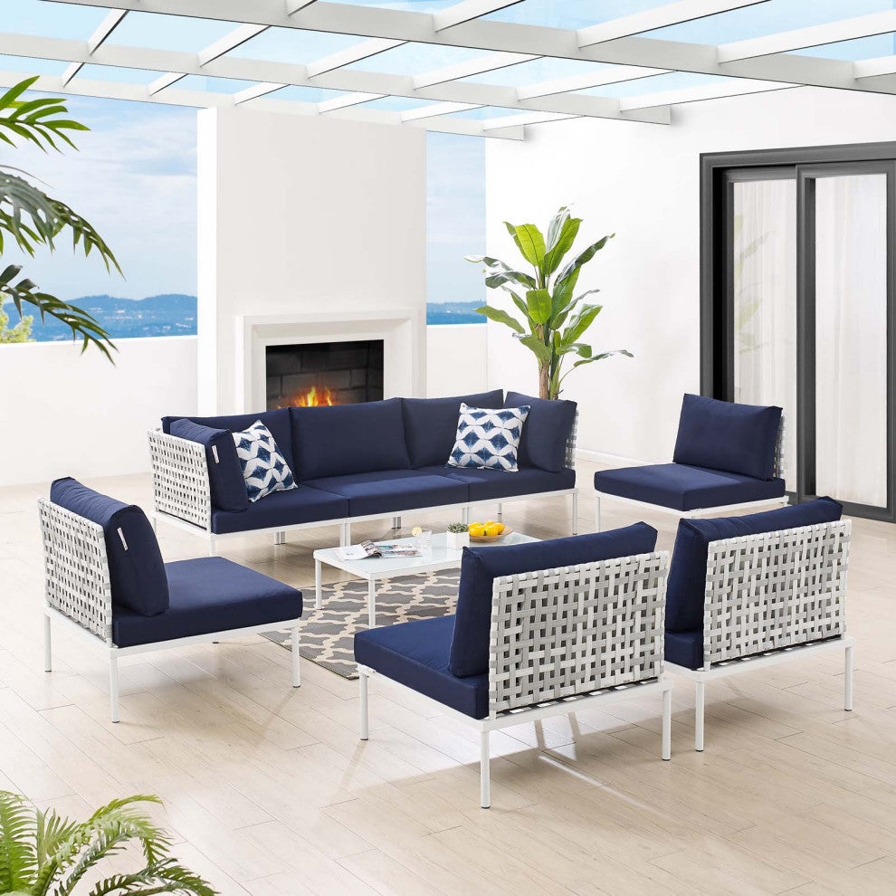 Lounge Sectional Sofa Chair Table Set, Sunbrella, Aluminum, Blue Navy, Outdoor