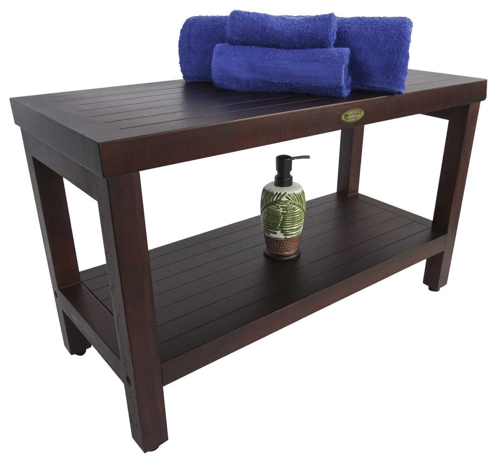 Rectangular Teak Shower Stool Or Bench With Shelf In Brown Finish