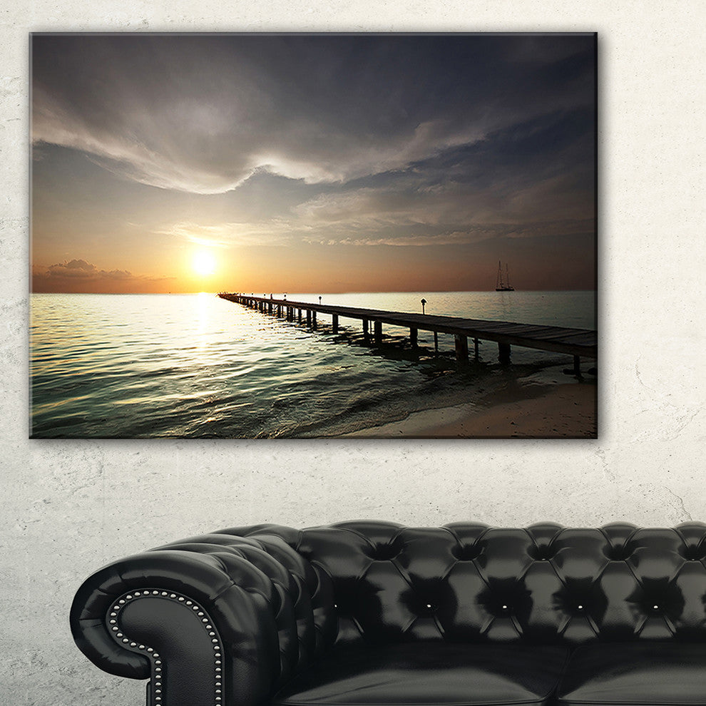 "Long Boardwalk in The Cloudy Dark Sea" Sea Bridge Wall Art, 40"x20"
