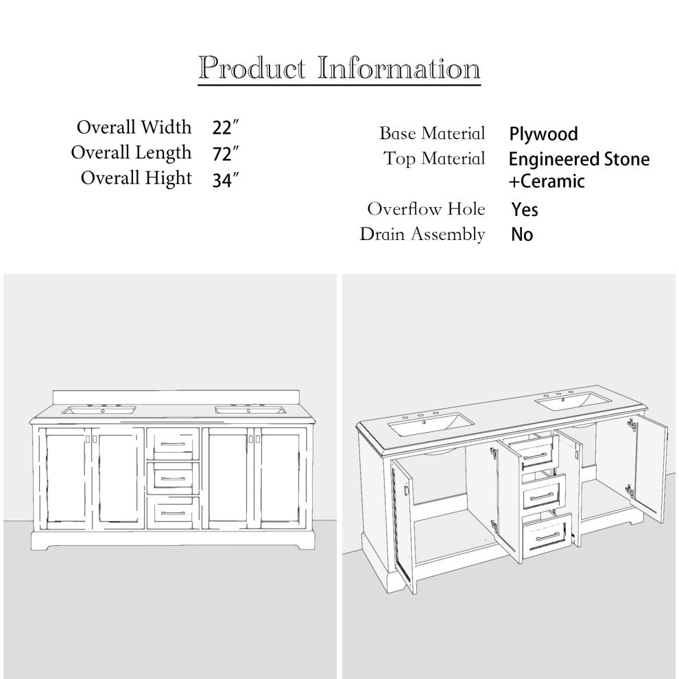 60/72" Plywood Freestanding Bath Vanity Set, Drawer and Ceramic Sink, Navy Blue, 72 Inch