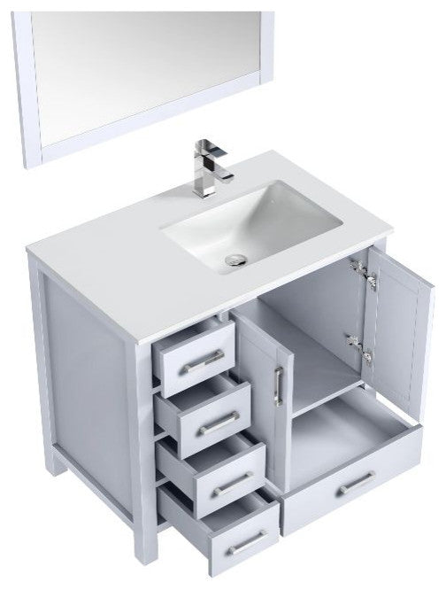 Jacques 36" White Single Sink Vanity with Quartz Top - Right Version, With Mirro