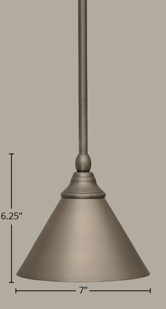 Stem Mini Pendant In Brushed Nickel, 7" Brushed Nickel Cone Metal Shade Glass