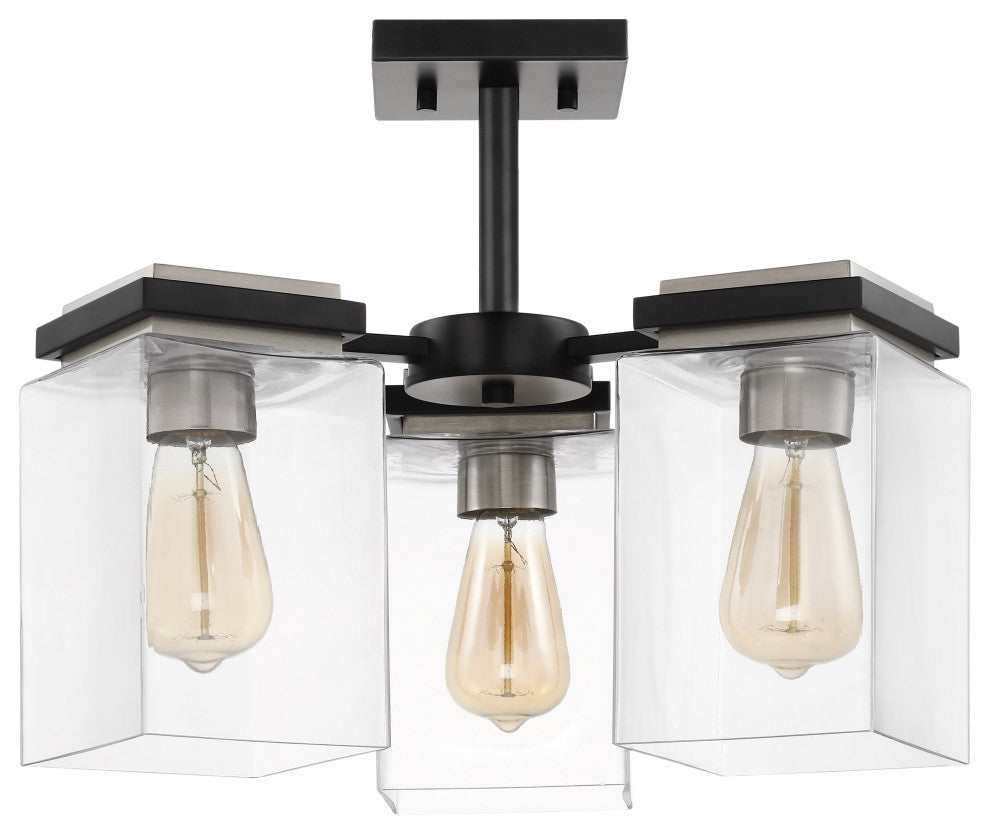 Crossroads 3-Light Semi-Flush Fixture, Matte Black With Clear Glass