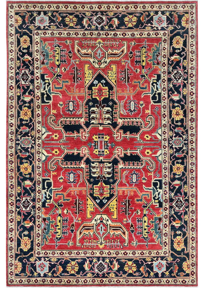 Imperial Red Afghan Peshawar Heriz Wool Hand Knotted Oriental Rug, 6'1"x9'2"