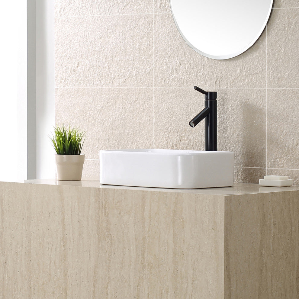 Elavo Ceramic Rectangle Vessel White Sink, PU Drain Oil Rubbed Bronze
