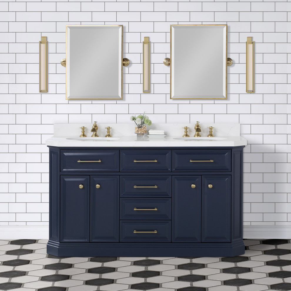 Palace 60" White Quartz Countertop Double Vanity, Blue, F2-0013 Faucets