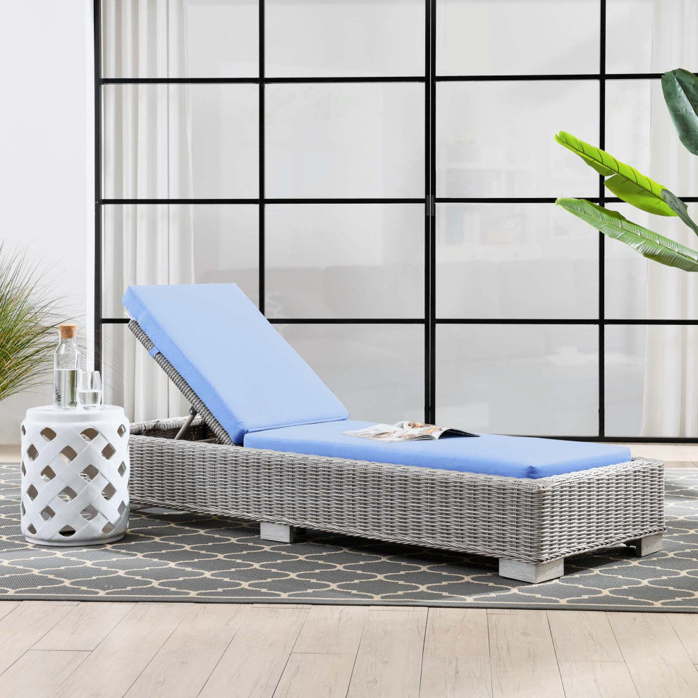 Lounge Chair Chaise, Rattan, Wicker, Gray Blue, Modern, Outdoor Patio Cafe