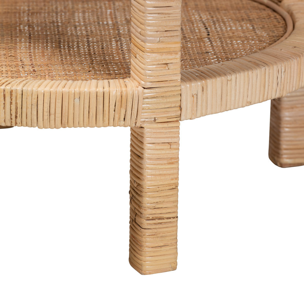 Bella Bohemian Natural Brown Mahogany Wood and Natural Rattan 2-Tier End Table