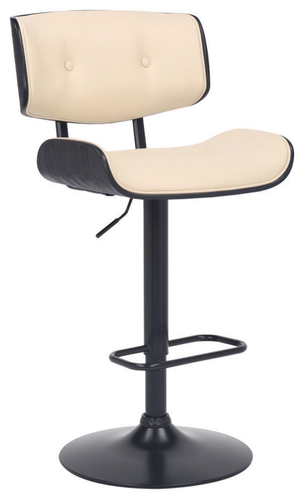 Brooklyn Adjustable Swivel Faux Leather and Wood Bar Stool With Metal Base, Cream and Black