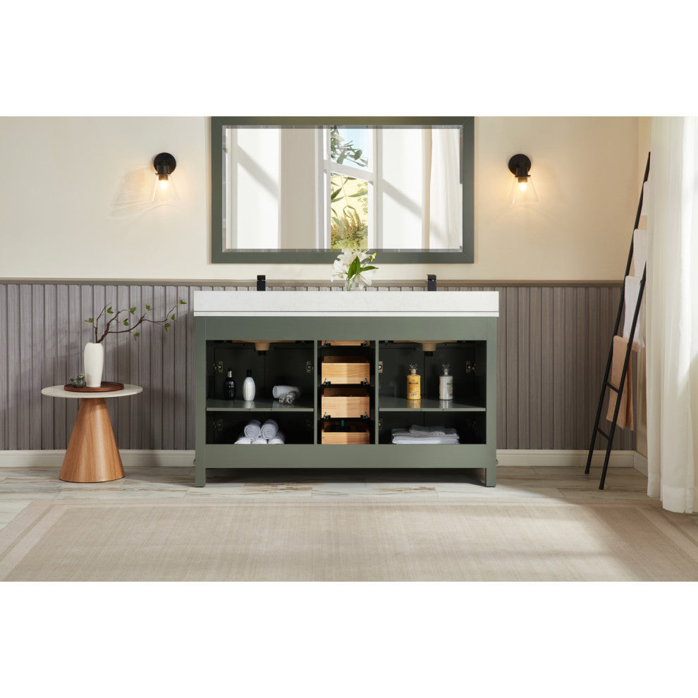 Vanity With Mirror, Sconce and Faucet Included, Pewter Green, 60"