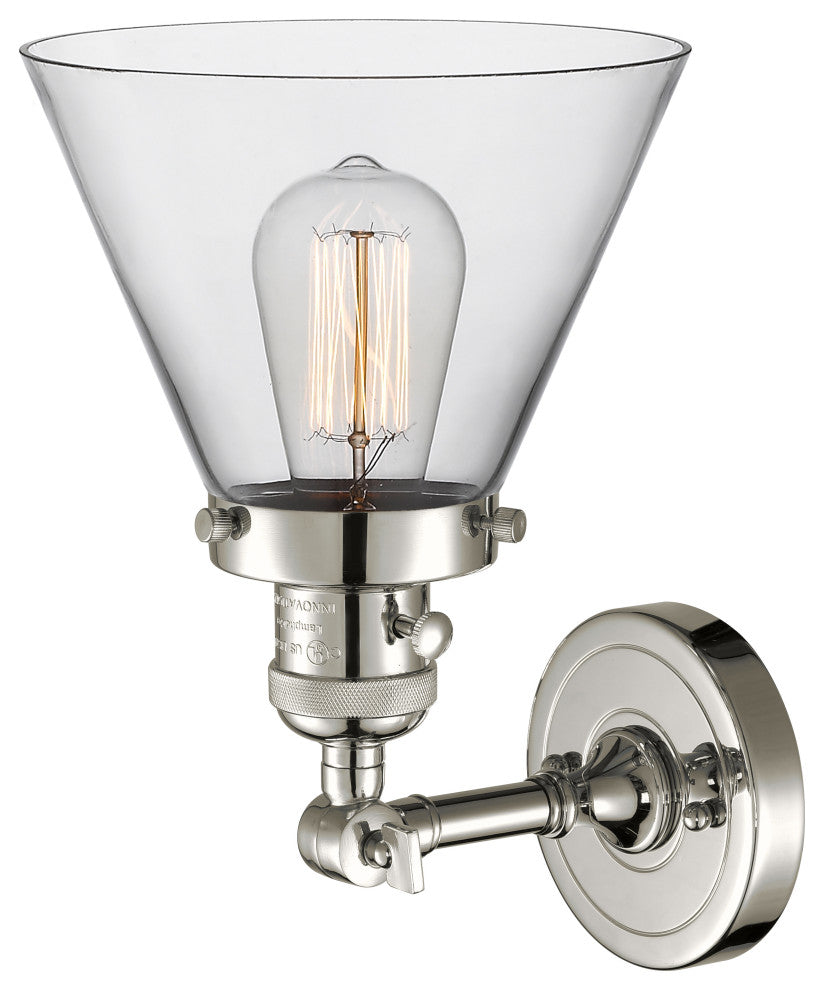 Large Cone 1-Light Sconce, Polished Nickel, Glass: Clear