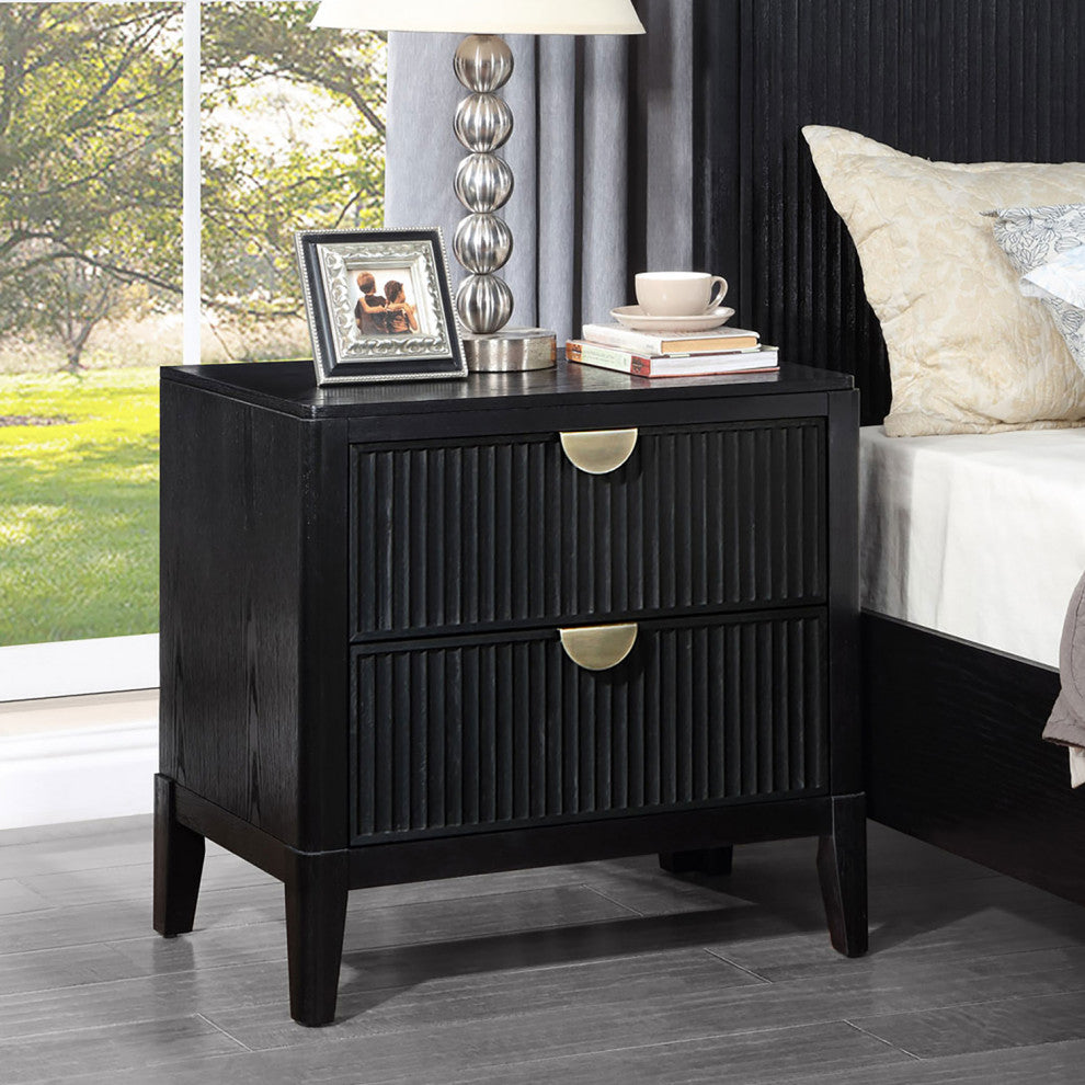 2 Drawers Wooden Nightstand With Demi-lune Metal Handles, Black