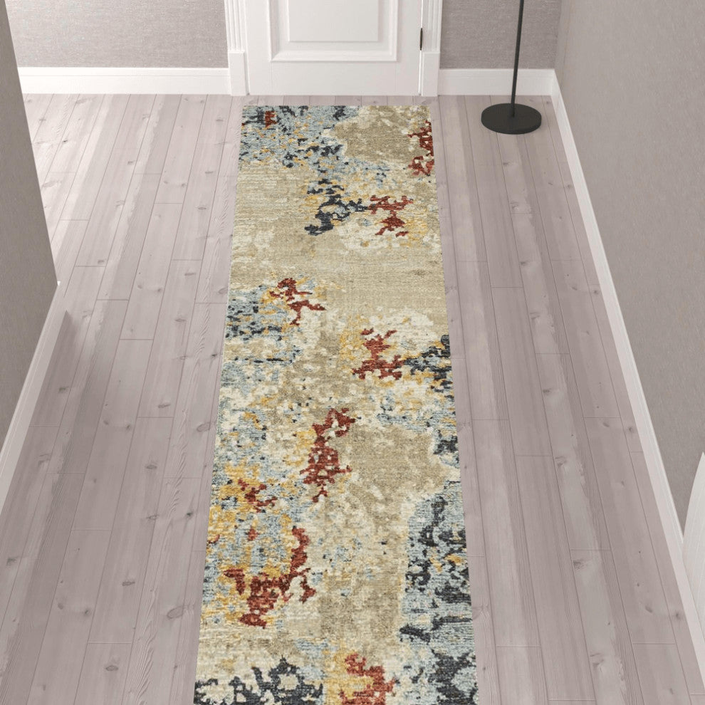 12' Runner Beige and Blue Abstract Power Loom Runner Rug