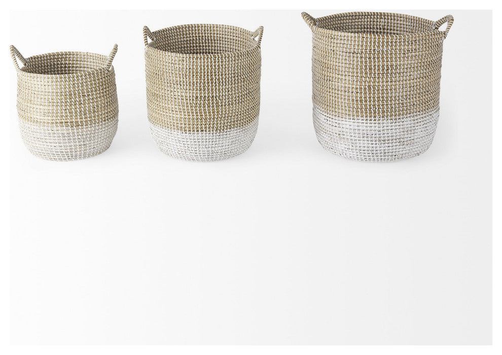 Set of Three Beige and White Storage Baskets