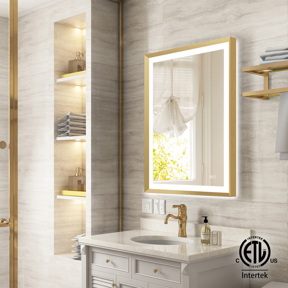Beveled Bathroom LED Mirror Framed, Backlit and Front Light, Gold, 24"x32"
