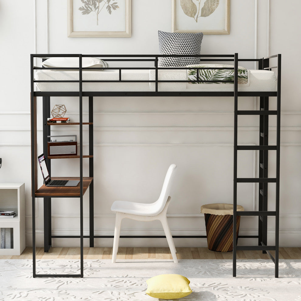 Gewnee Twin Metal Loft Bed with 2 Shelves and one Desk