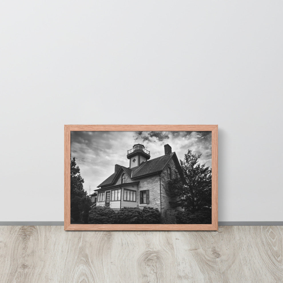 Cedar Point Lighthouse in Black and White Framed Photo Paper Wall Art Prints, Red Oak, 12" X 18"