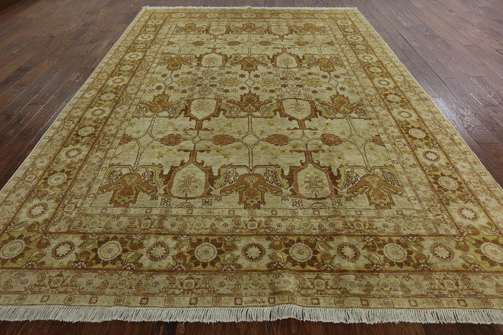 Ivory Chobi Oushak Style Peshawar Quality Hand-Knotted Wool Rug, 9'x12'