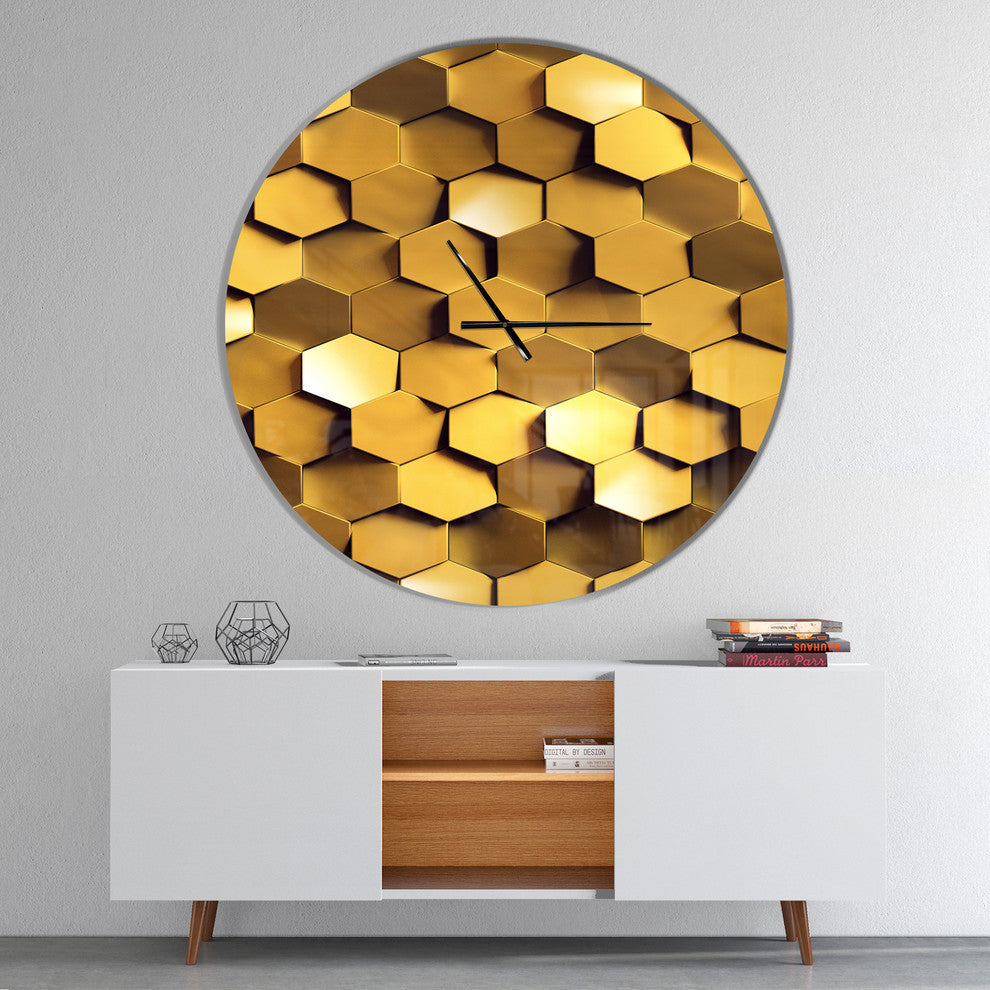 Golden Honeycomb Wall Texture Oversized Modern Metal Clock, 36"x36"
