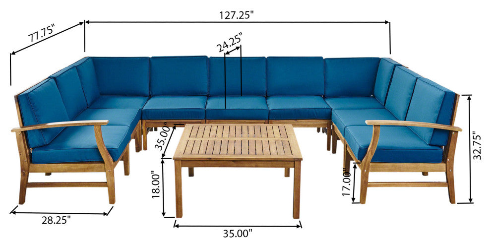 GDF Studio Judith Outdoor 9 Seater Sectional Sofa Set With Cushion, Teak/Blue