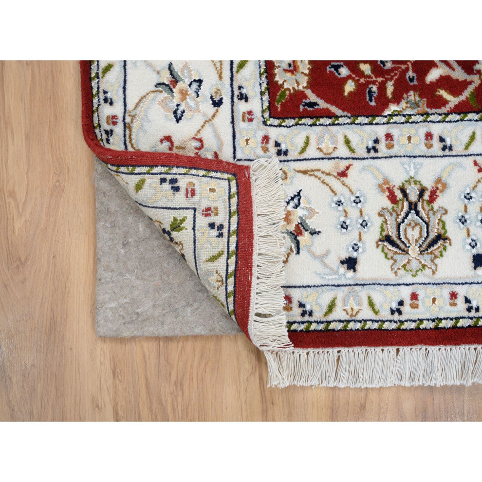 Red, Hand Knotted Nain, 250 KPSI Wool and Silk, Square Oriental Rug, 5'0" x 5'1"