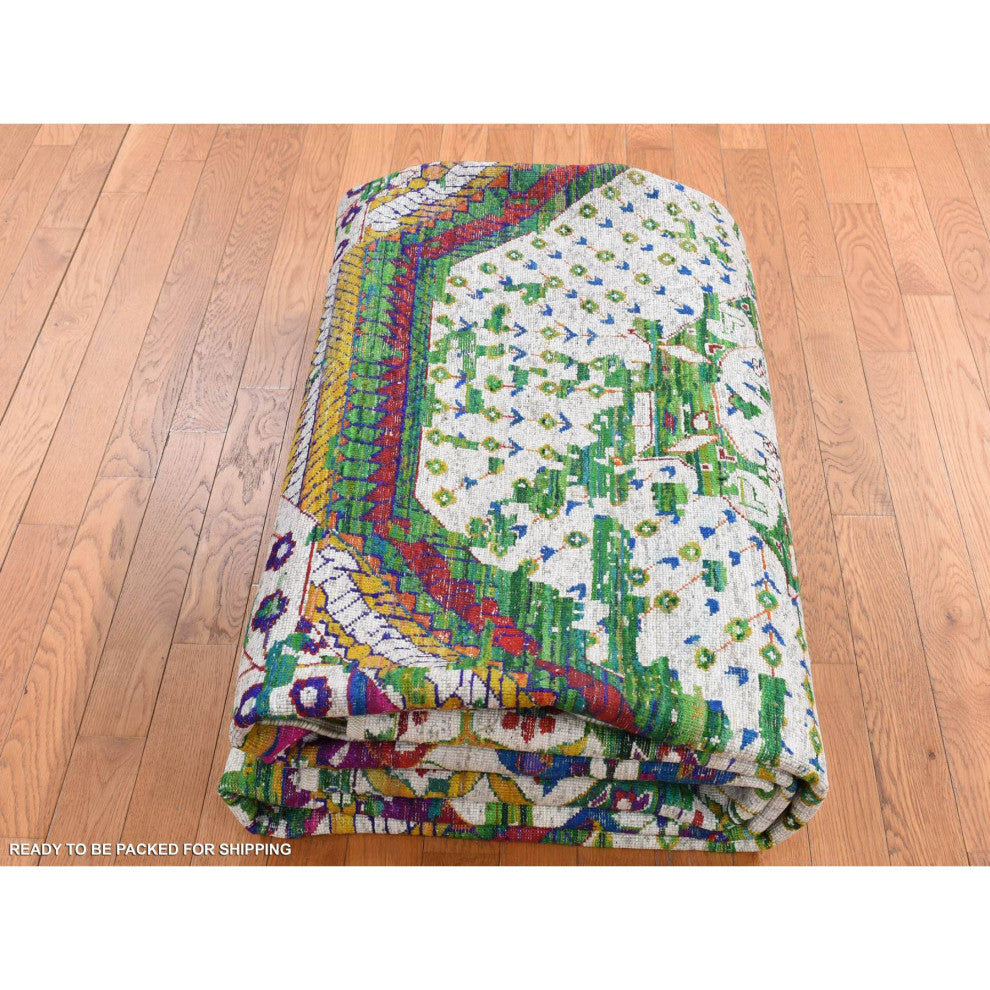 Ivory Sari Silk Colorful Mamluk Design Hand Knotted Oriental Rug 9'x12'1"