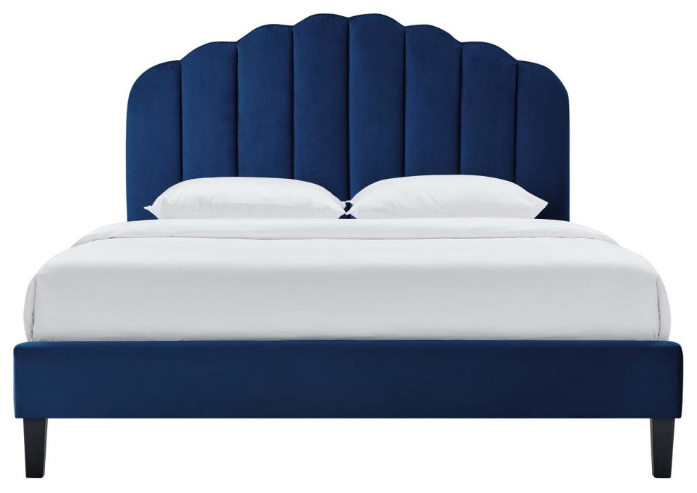Platform Bed Frame, Queen Size, Blue Navy, Velvet, Modern, Bedroom Guest Suite