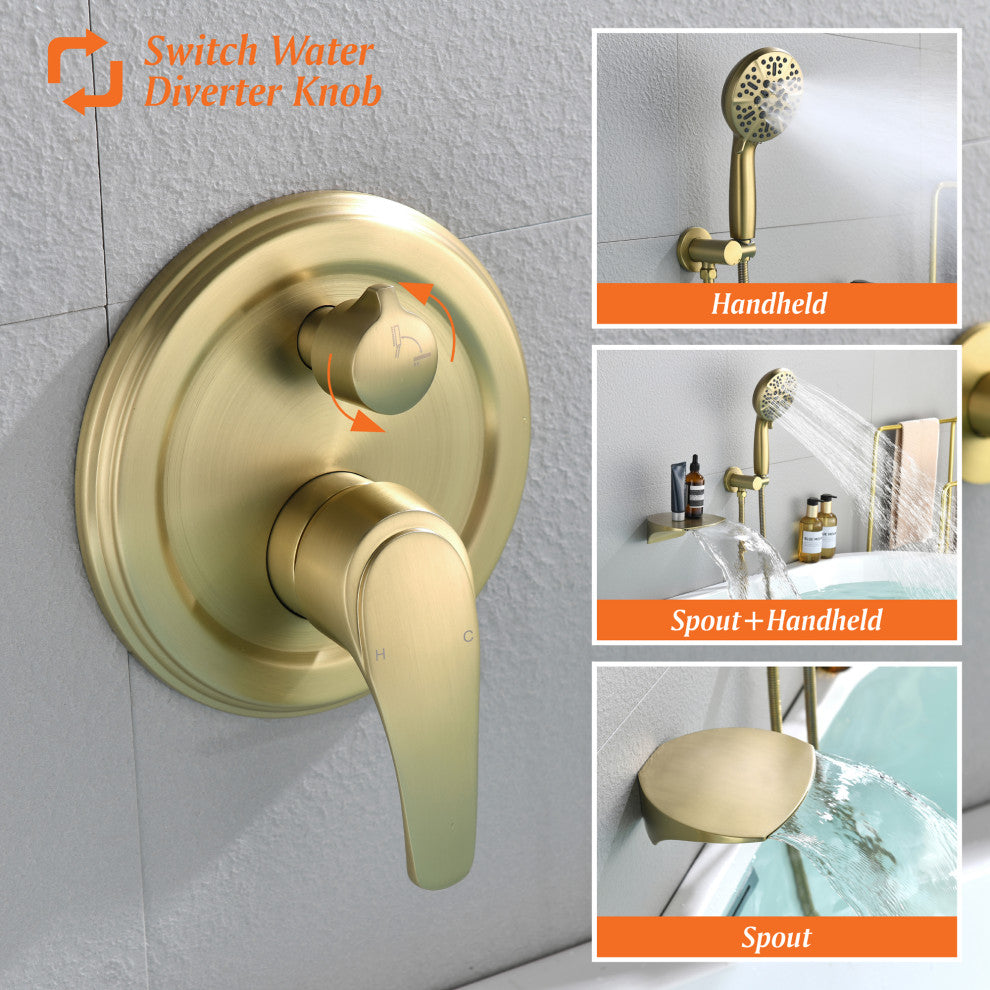 Single Handle Wall Mounted Waterfall Faucet With Handshower, Brushed Gold