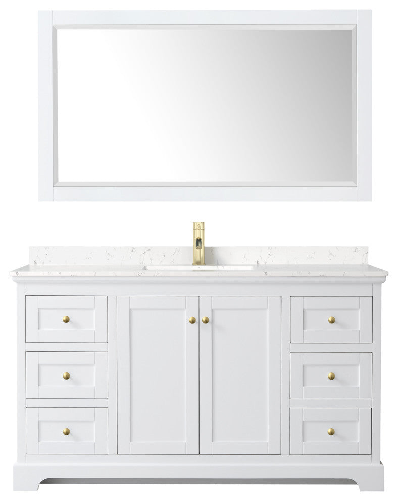 60" Single Vanity White, LV Carrara Cult. Marble Top, Sink, 58"Mirror, Gold Trim