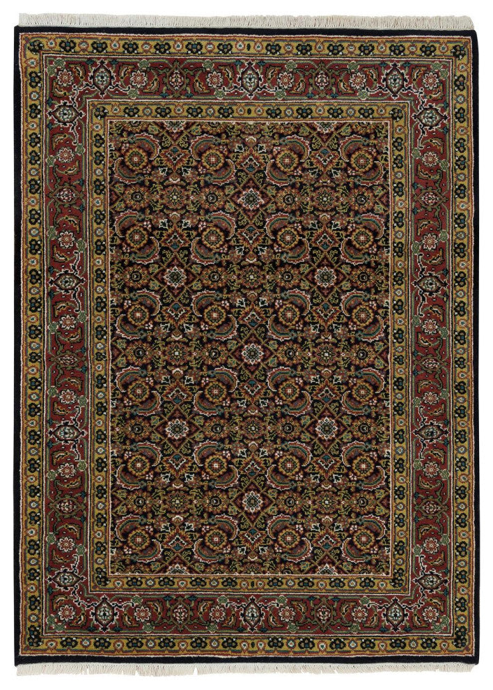 Asphalt Black 175 KPSI 100% Wool Hand Knotted Herrita Design Rug, 4'1"x5'9"
