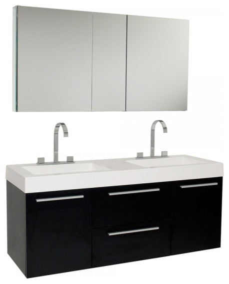 Fresca Opulento 54" Black Modern Double Sink Bathroom Vanity, Medicine Cabinet