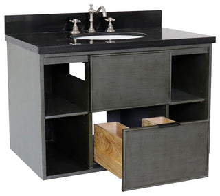 37" Single Wall Mount Vanity, Linen Gray Finish With Black Galaxy Top