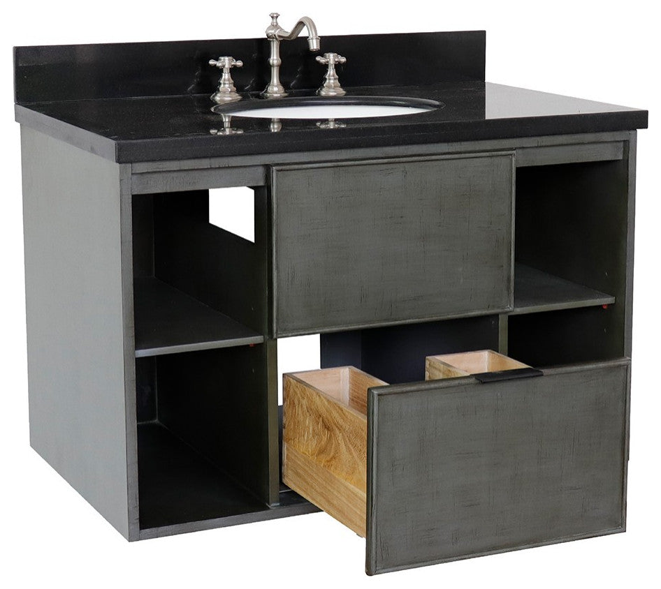 37" Single Wall Mount Vanity, Linen Gray Finish With Black Galaxy Top