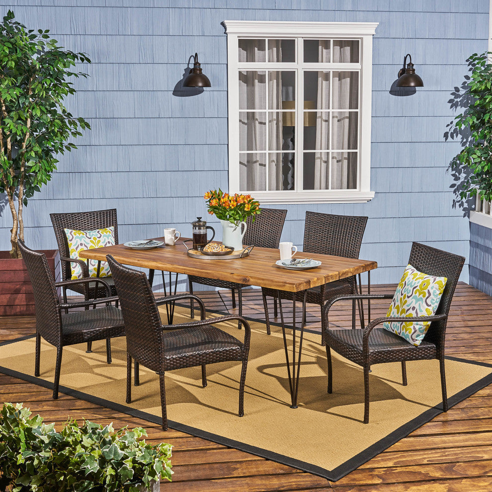 Tyrone Outdoor 6-Seater 72" Acacia Wood Dining Set With Stacking Wicker Chairs