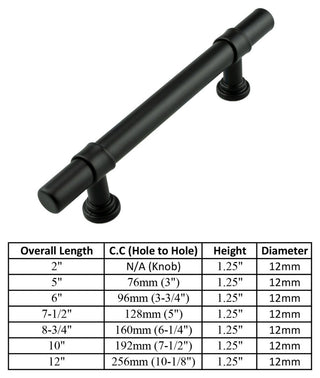 Matte Black T Bar Handle Pull 3-3/4" (96mm) Hole Centers, 6" Overall Length
