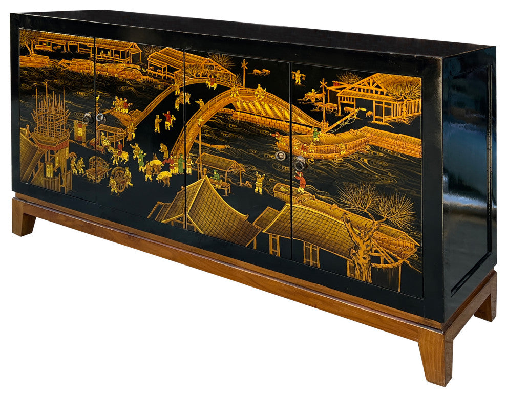 Black Golden Scenery Graphic Sideboard Buffet Console Table Cabinet Hcs7643