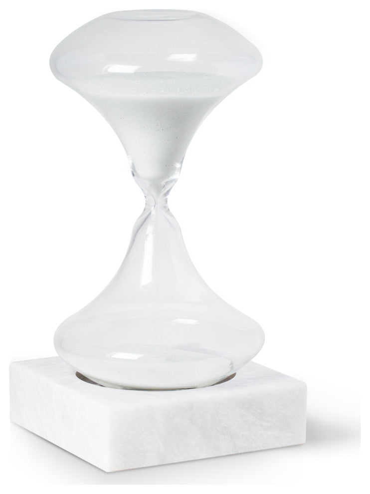 Hand Blown 45 Minute Sand Timer, White Sand On White Marble Base