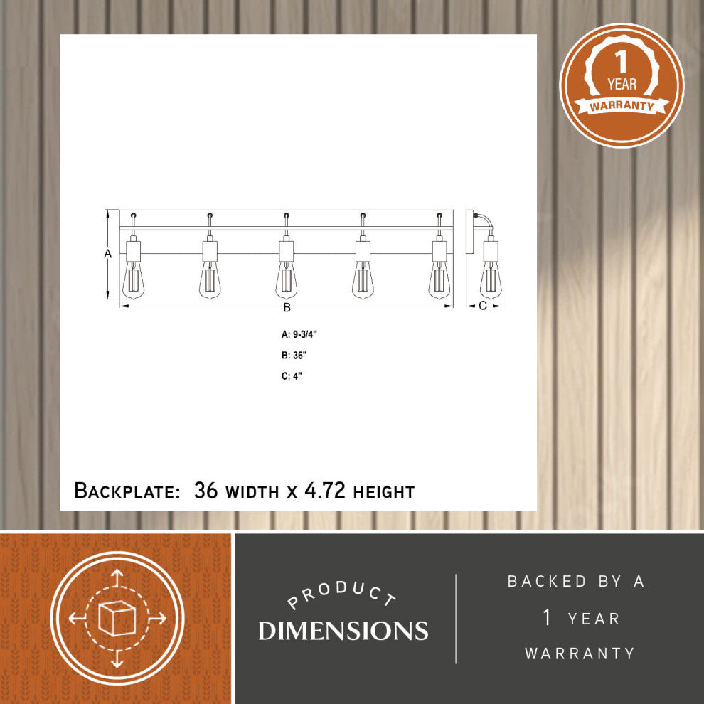 Seward Park 5 Light Black and Gold Brass Bathroom Vanity Fixture, Full Backplate