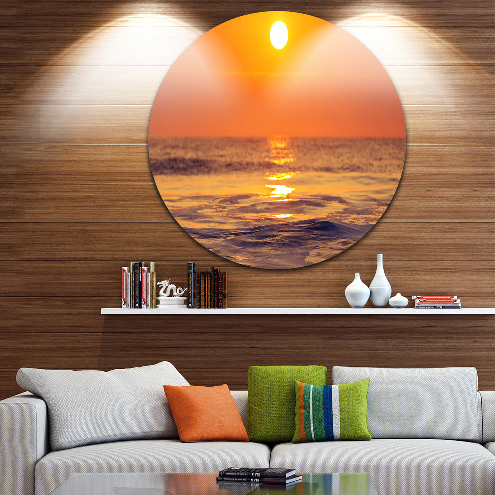 Orange Sunrise And Glittering Waters, Seashore Round Wall Art, 23"