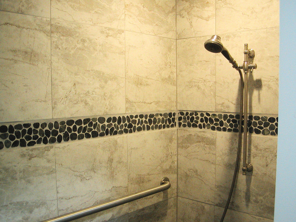 Premium natural stone, eco-friendly mesh backing, charcoal pebble border